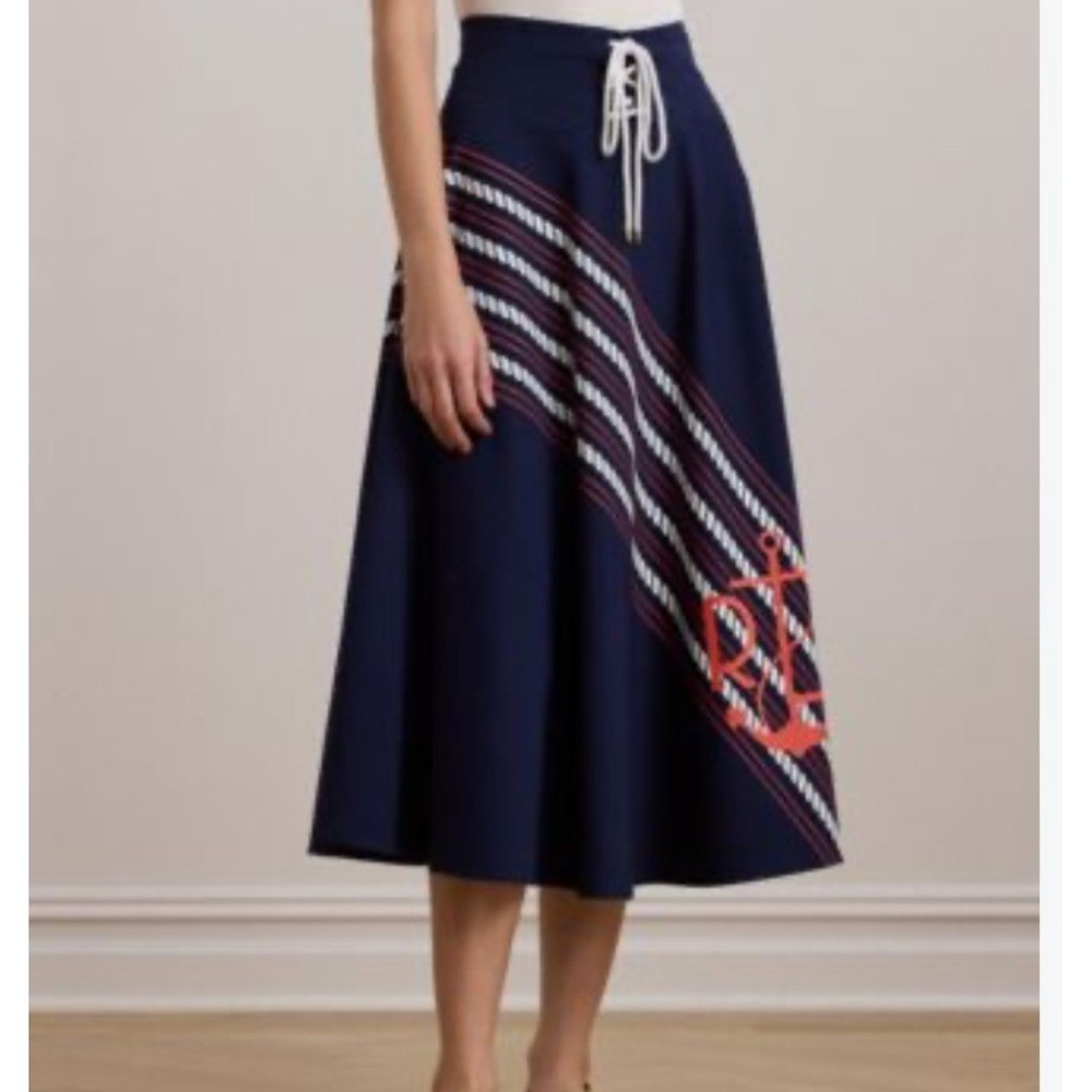 Lauren Ralph Lauren Skirt Womens 2P Navy New Nautical Anchor Rope Lace Up Midi
